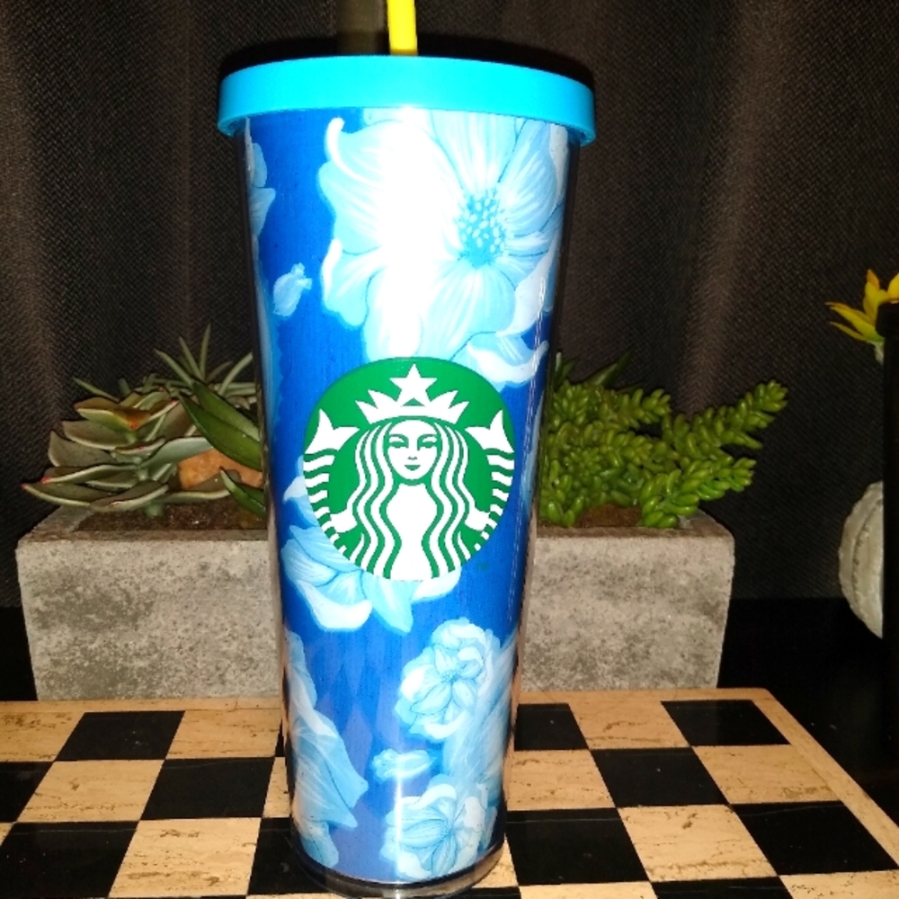 VENTI STARBUCKS TUMBLER-BLUE FLORAL W/ BLUE LID